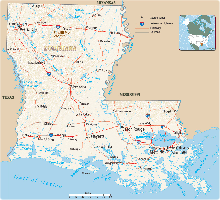 The map shows the geographic regions of Louisiana. In which region is the  city of Baton Rouge located? 